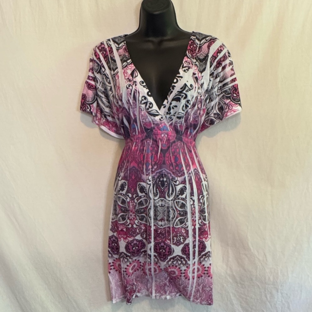H-40 Catalina Pink Black & White Short Sleeve Pullover Blouse Size L